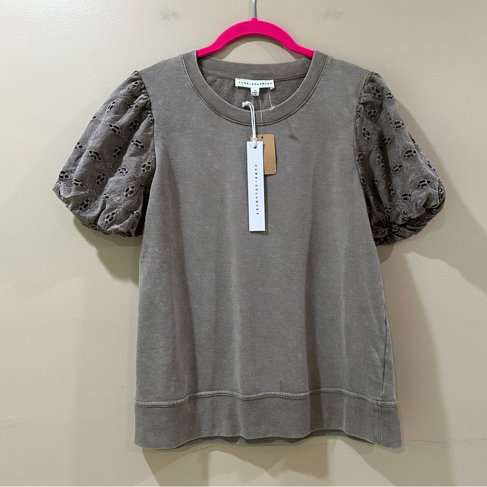 Jane And Delancey Taupe Wash Eyelet Lace Embroi Puff Sleeve Tee Top Women S NWT